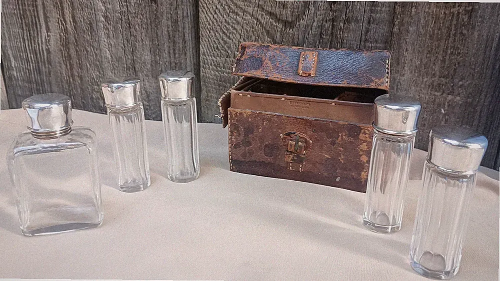 Tiffany & Co Sterling & Crystal 5 Perfume Cologne Bottles In Leather Case