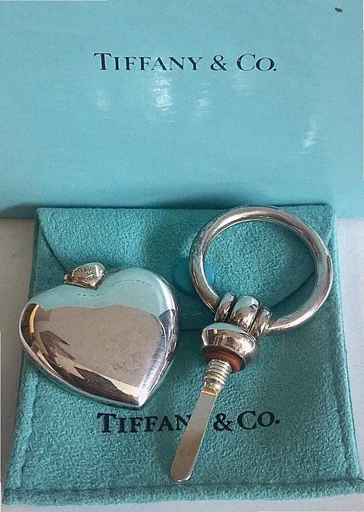 TIFFANY & CO STRELING Heart Perfume Scent Bottle w/Dauber Pendant Pouch-Box-RARE